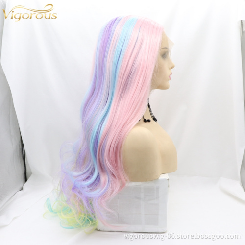 Vigorous Lace Synthetic Wig Long Straight Rainbow Color Full Wig for Cosplay Girls Party or Daily Use